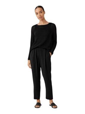 Eileen Fisher Silk‎ Georgette Crepe Tapered Ankle Pants Black Women’s Large